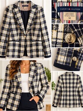 Tommy Hilfiger Blue and Yellow Plaid Women's Blazer Jacket